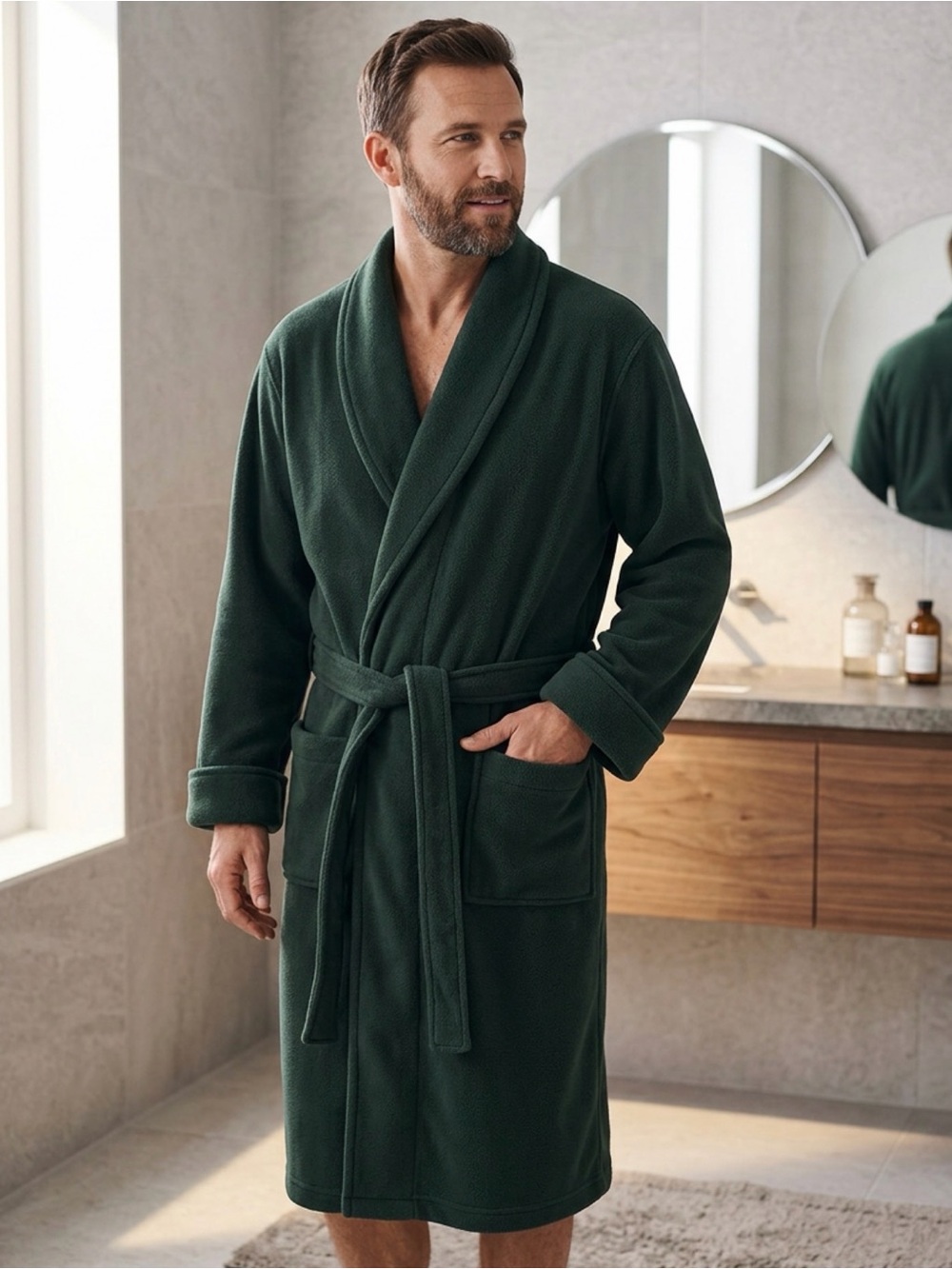 Lands' End Men's XL Regular Green Fleece Robe Shawl Collar Belted Tie Solid